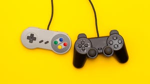 A photo of the NES controller and PlayStation controller against a yellow background.