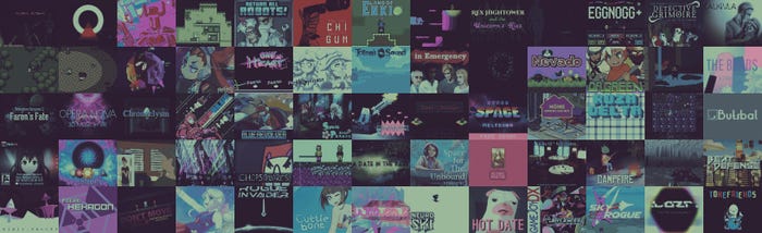 itch.io cover art for dozens of games, with a blue tint