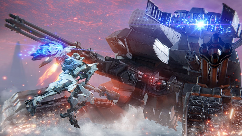 A giant mech fights a larger, crab-shaped mech. A giant mech fights a larger, crab-shaped mech.