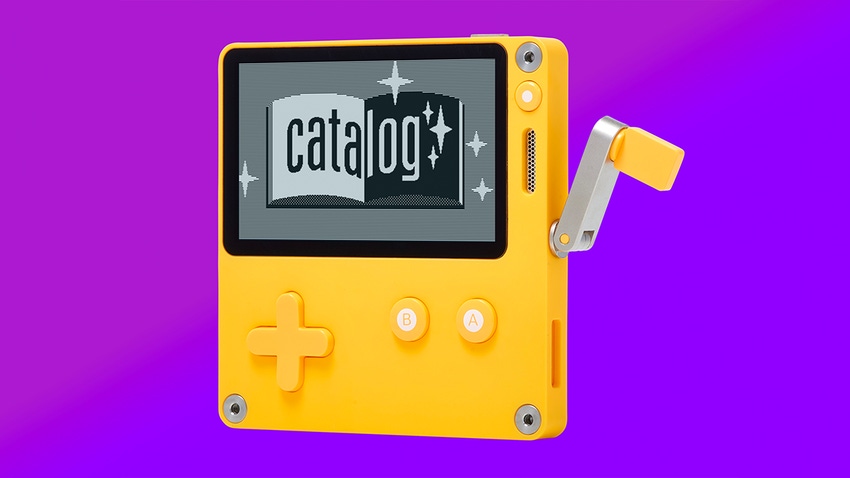 A Playdate handheld emblazoned with the Catalog logo