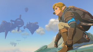 Link rides a glider in The Legend of Zelda: Tears of the Kingdom.