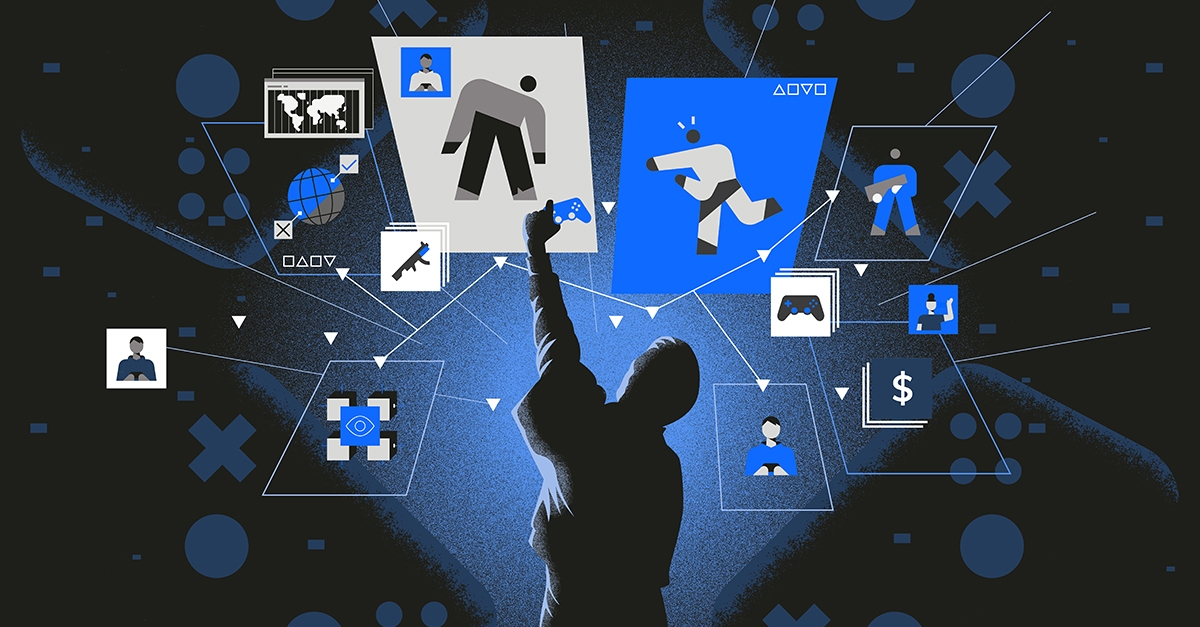Illustration showing a person holding a controller into the air standing against a collage of online gaming themed images.