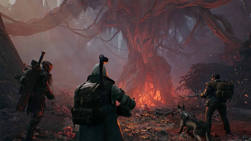Screenshot of Gunfire Games' Remnant 2, featuring three co-op players and a dog.