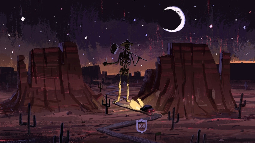 A large skeleton hitchhikes on a desert road between two plateaus against a night sky.