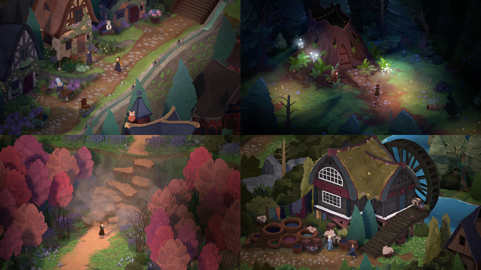 Four screenshots depict the soft storybook art style of Songs of Glimmerwick.