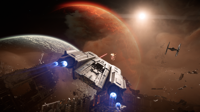 The player character's ship fights TIE Fighters in Star Wars Outlaws.