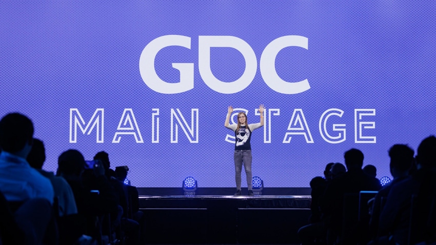 Emcee Liz Ryerson presents at the GDC 2023 Main Stage show.