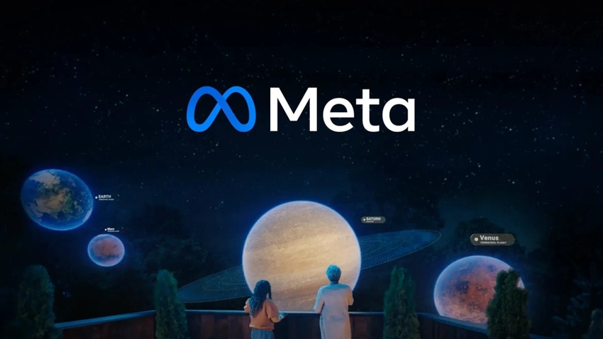 The Meta logo on artwork detailing the company's impression of the metaverse