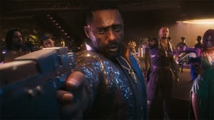 Idris Elba points a gun at the camera, surrounded by other Cyberpunk thugs.