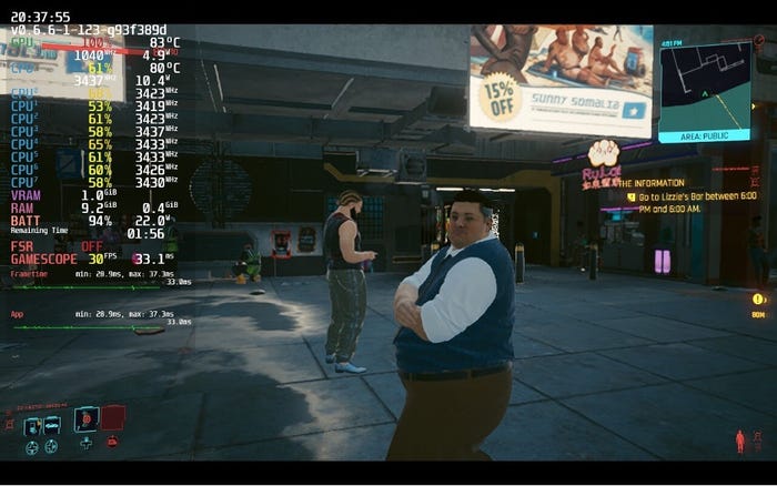 A screenshot from Cyberpunk 2077 with an overlay showing the Steam Deck's current CPU, Ram, Battery, and Gamescope performance.
