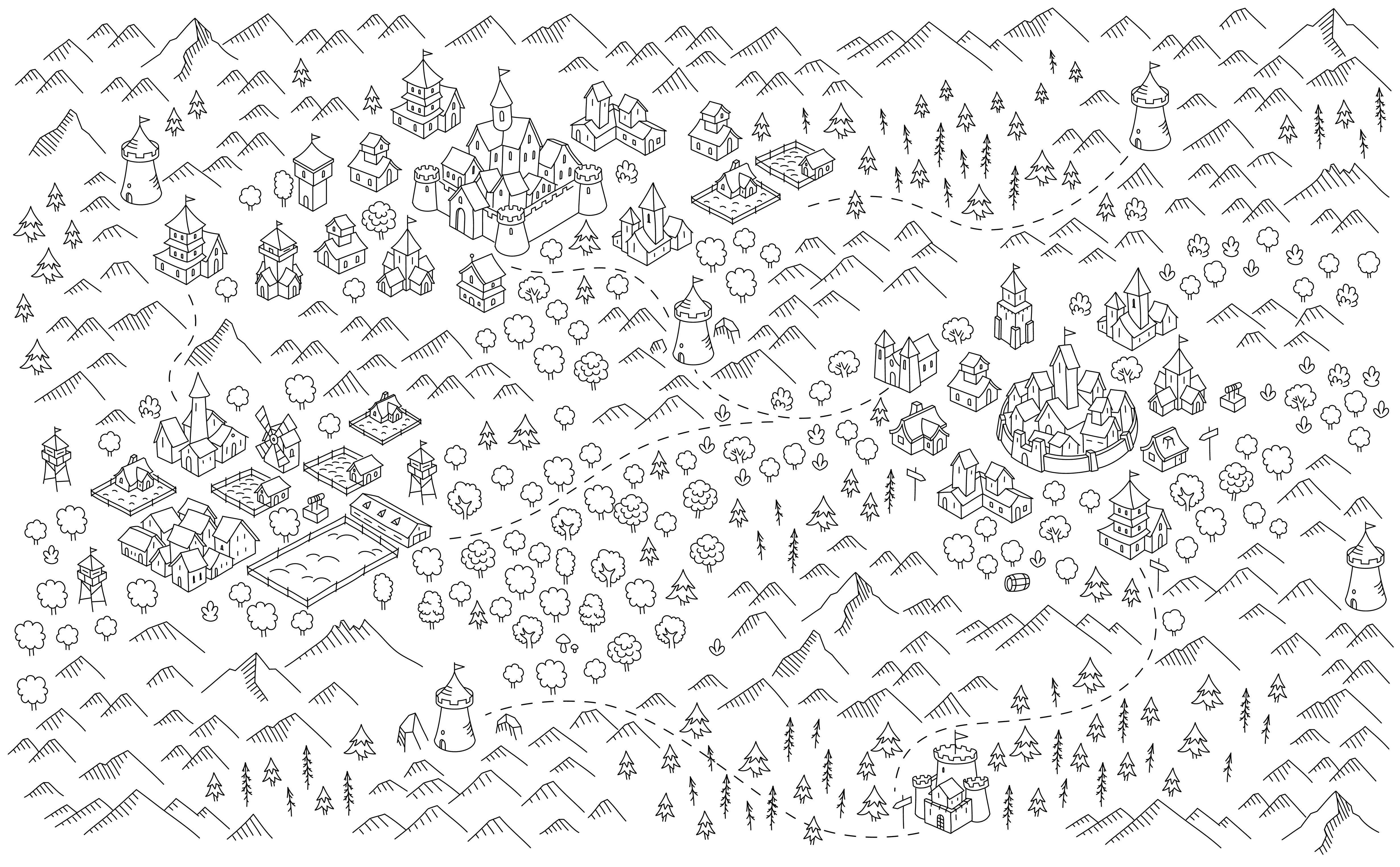 black and white simple map with tree and village icons
