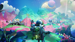 Key artwork for Astroneer showing an astronaut on a vibrant planet