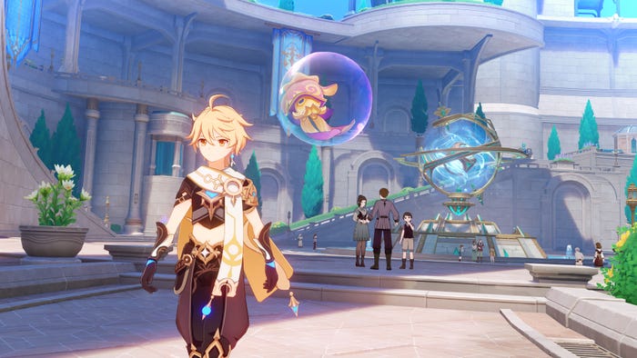 A screenshot from Genshin Impact. A woman walks away from an Octobaby in a bubble in a fantasy city.