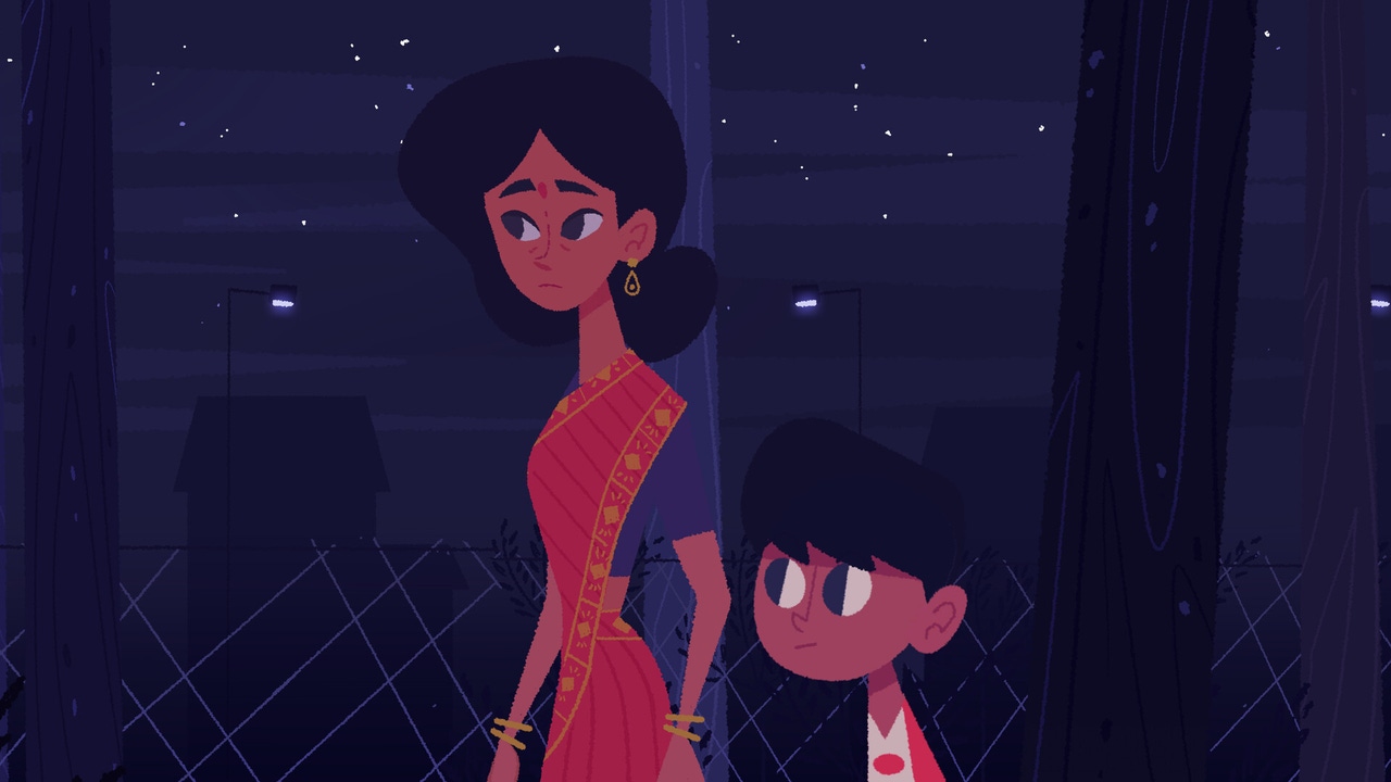 Two characters walk together against a night sky Two characters walk together against a night sky