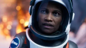 Astronaut Ariane looks up at the camera while a flaming wreck looms behind her. Astronaut Ariane looks up at the camera while a flaming wreck looms behind her.