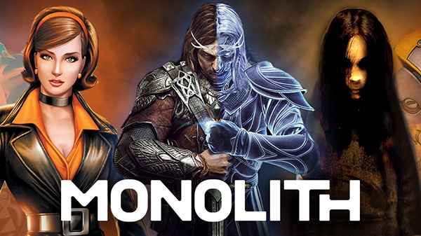 Three characters from Monlith Productions' games stand behind the word "Monolith."
