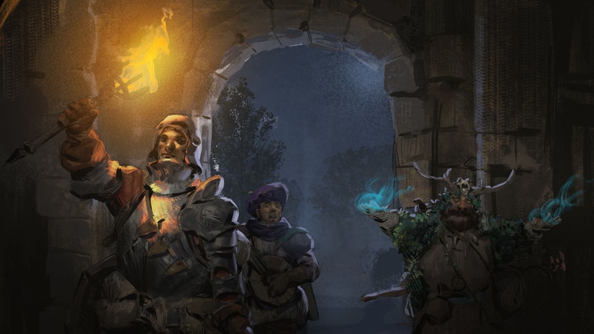 Concept art for Ironmace's Dark and Darker, showing adventurers walking into a castle.