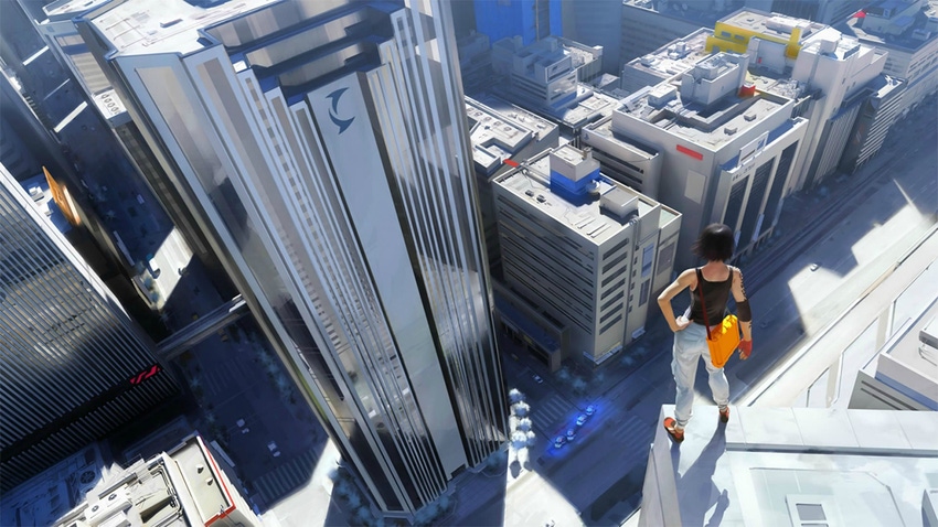 Artwork for Mirror's Edge showing the title's protagonist, Faith, standing above a cityscape
