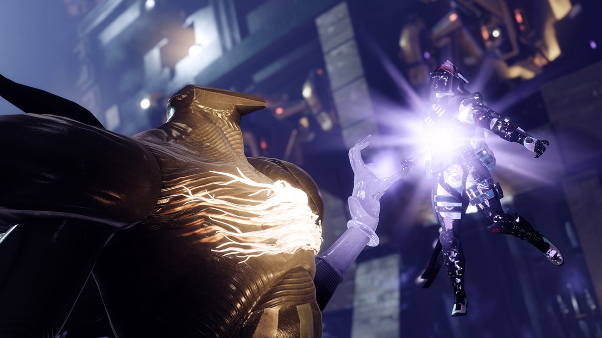 Destiny 2 gold character holding a smaller purple figure Destiny 2 gold character holding a smaller purple figure