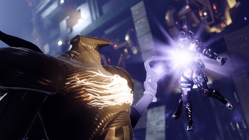 Destiny 2 gold character holding a smaller purple figure