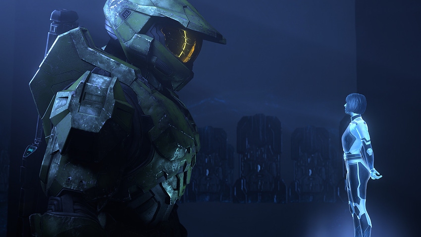 The Master Chief looks down at Halo Infinite Cortana replacement called "The Weapon."