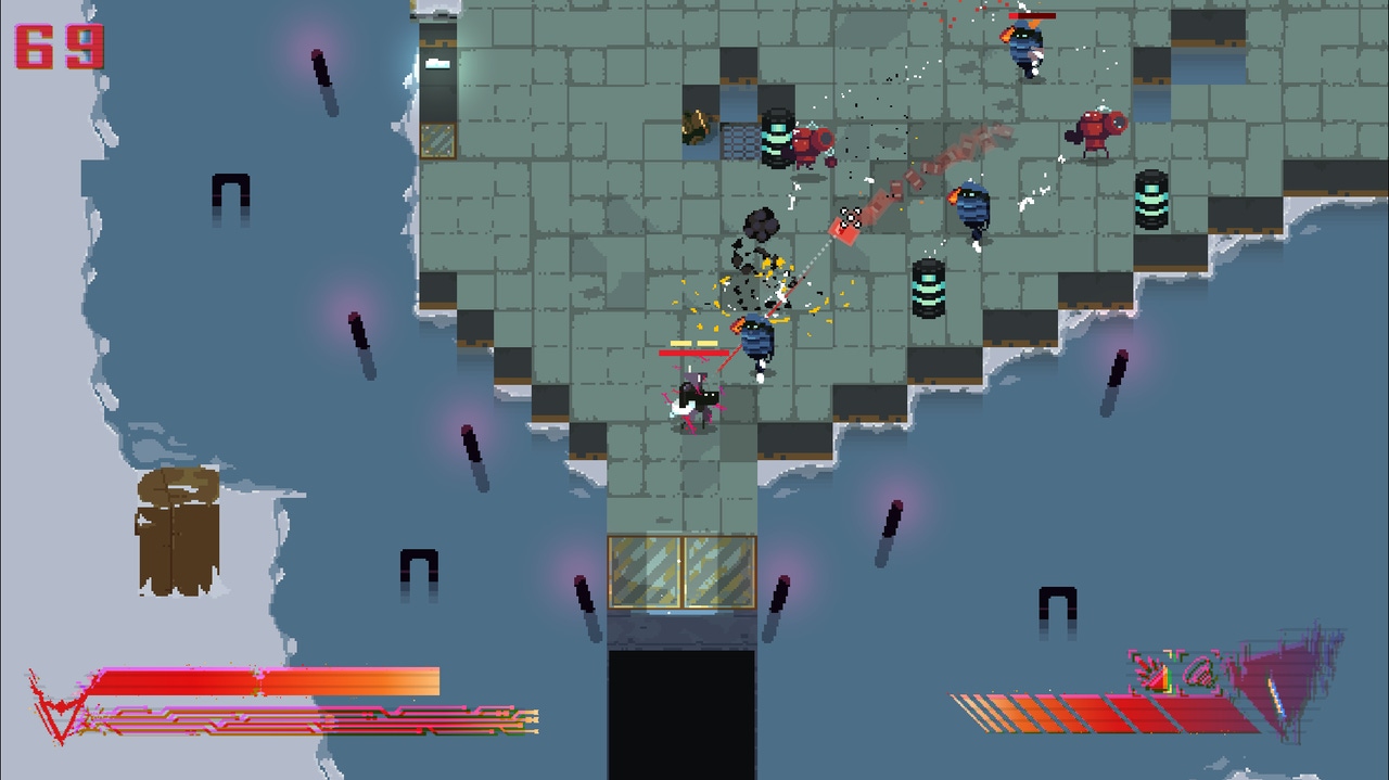 Several robots in a shootout on a platform floating in water Several robots in a shootout on a platform floating in water
