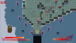 Several robots in a shootout on a platform floating in water