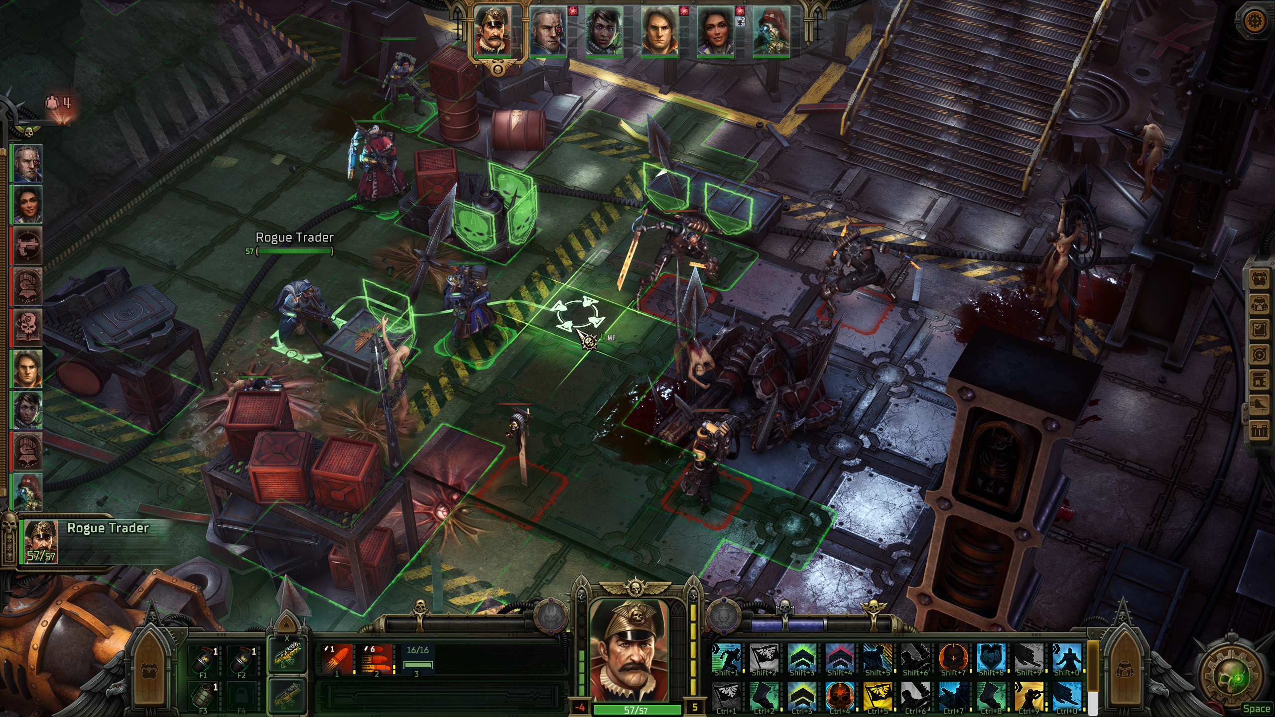 A screenshot from Warhammer 40,000: Rogue Trader. The player character enters combat on a turn-based tactical grid. A screenshot from Warhammer 40,000: Rogue Trader. The player character enters combat on a turn-based tactical grid.
