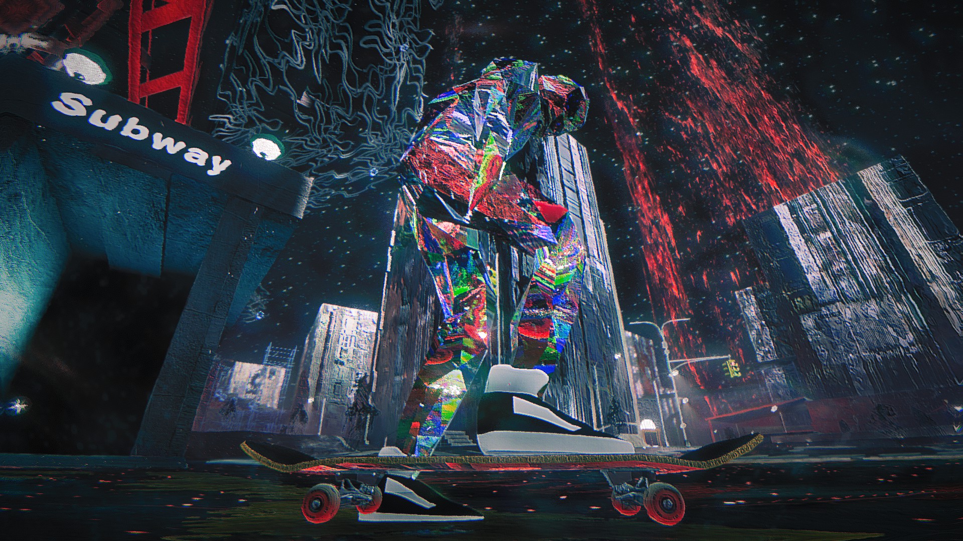 The demonic skater stands next to a subway entrance