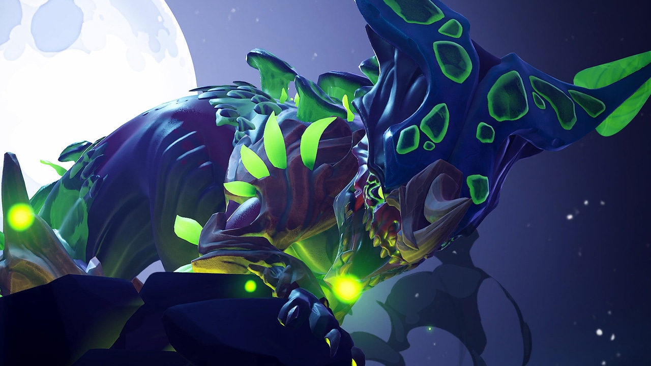 A purple-and-green dragon glowers at the camera. A purple-and-green dragon glowers at the camera.