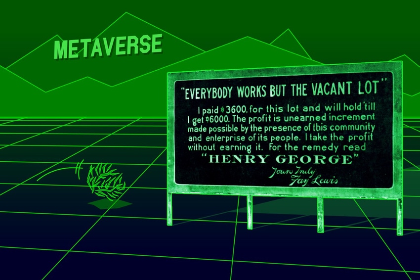 An illustration of a billboard in a mock-metaverse, reading "Everybody works but the vacant lot"