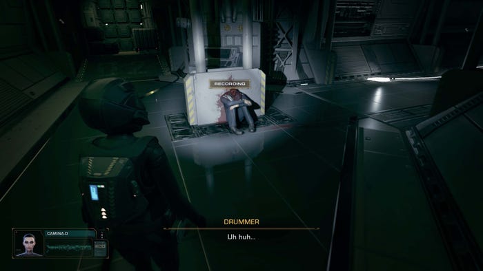 A screenshot from The Expanse: A Telltale Series. Camina Drummer examines a decapitated body.