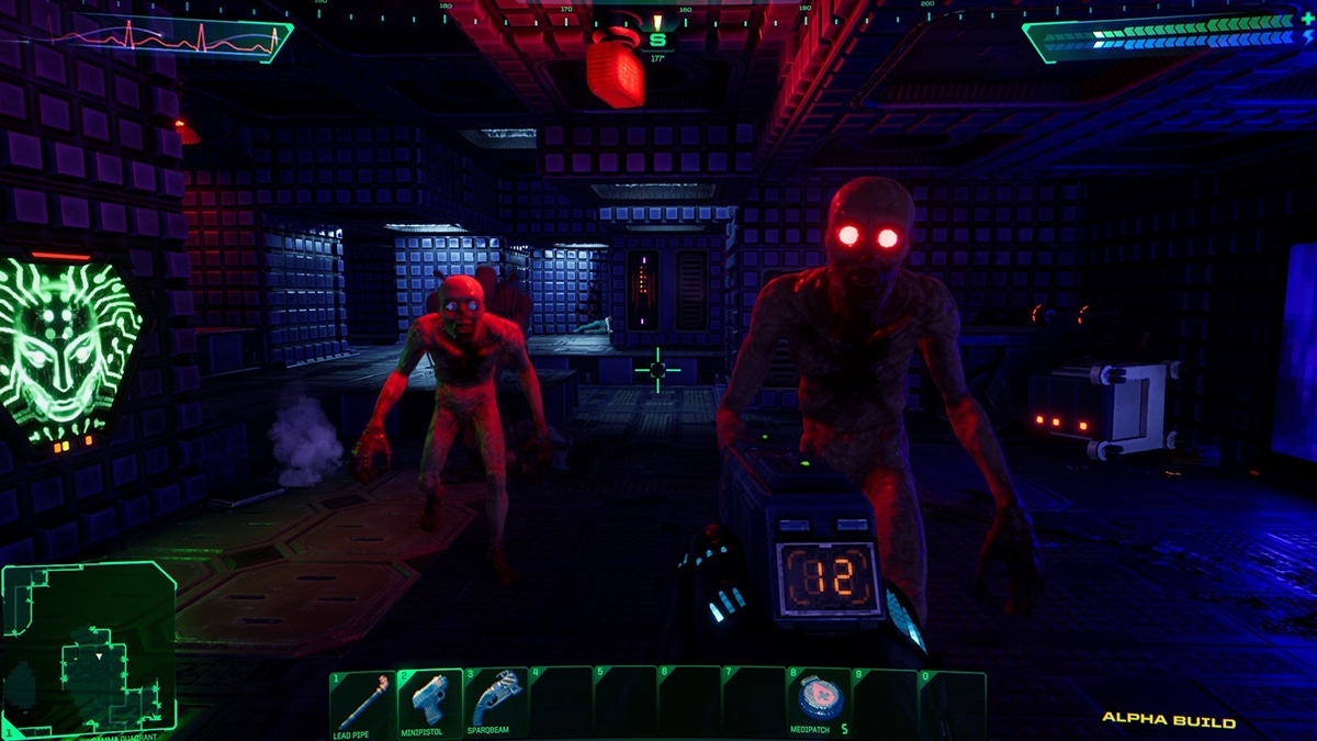A screenshot from the System Shock remake showing the player in combat with two horrifying enemies A screenshot from the System Shock remake showing the player in combat with two horrifying enemies