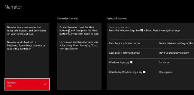 Xbox narrator help screen