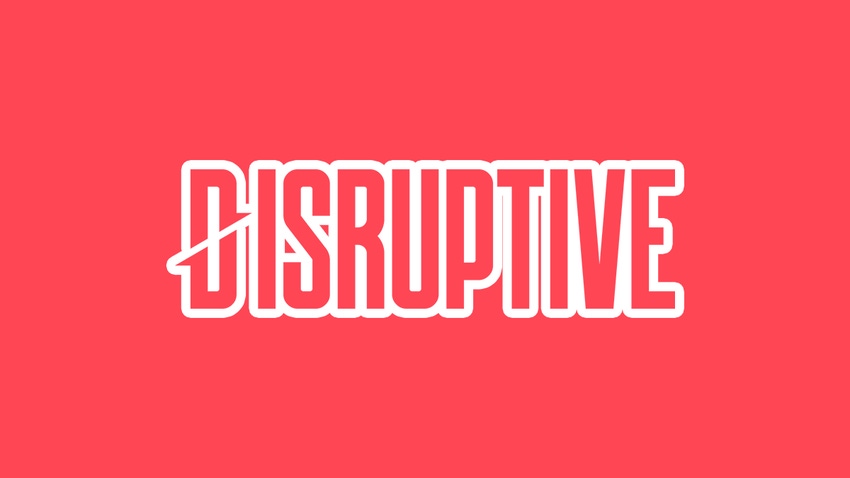 The Disruptive logo on a crimson background
