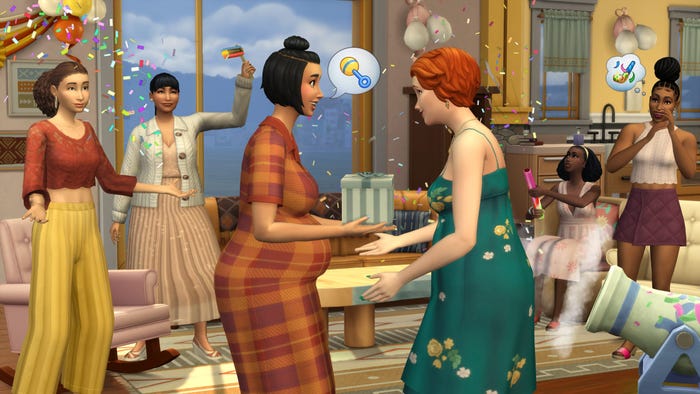 A screenshot from The Sims 4: Growing Together. Several Sims throw a baby shower.