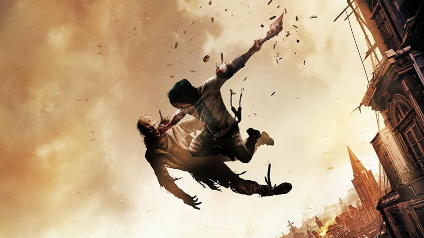 Key art for Techland's Dying Light 2 of a Survivor kicking a zombie out of a building.