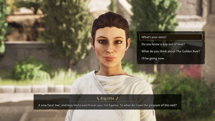 The NPC Equita greets the player. A dialogue box shows the response options, which include asking for more information about her, asking about a way out of the area, asking about the golden rule, or leaving the convesation.