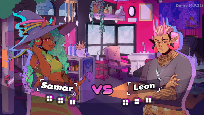 A screenshot from Spirit Swap: Low-fi Beats to Match-3 to. A witch named Samar and satyr named Leon square off.