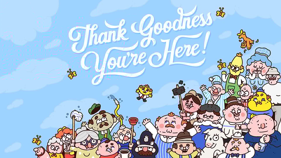 A gang of cartoon characters gather under the words A gang of cartoon characters gather under the words