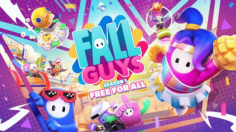 Fall Guys 最新游戏界面截图,显示多彩的角色和障碍赛道