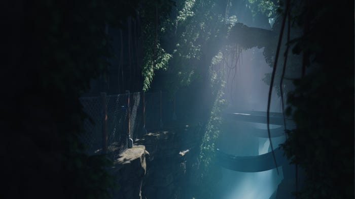 A screenshot from The Cycle: Frontier showing a beautiful cavern.