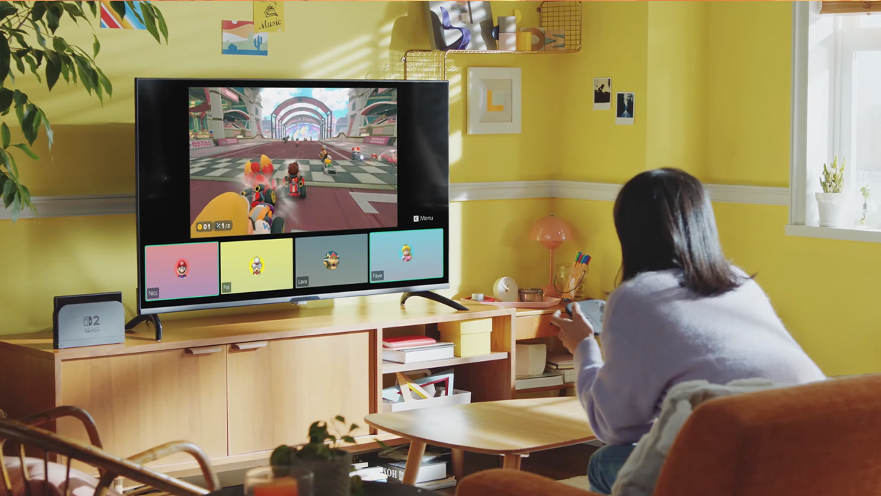 A Switch 2 owner using Game Chat while playing Mario Kart World A Switch 2 owner using Game Chat while playing Mario Kart World