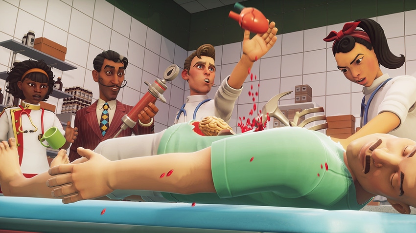 A group of surgeons gathered around a patient in Surgeon Simulator 2