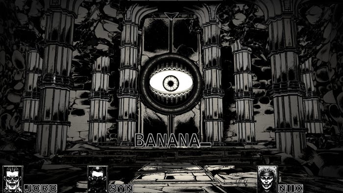 A colossal eye set into a stone wall stares at you. The word BANANA is written below the eye