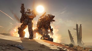 A hunter stands next to a mech that resembles a bear. There's an explosion in the background as well as the sun illuminating their backs A hunter stands next to a mech that resembles a bear. There's an explosion in the background as well as the sun illuminating their backs