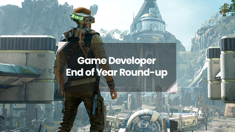 Cal Kestis looks at a distant temple in Star Wars Jedi: Fallen Order. The text "Game Developer End of Year Round-Up is in front of him. Cal Kestis looks at a distant temple in Star Wars Jedi: Fallen Order. The text "Game Developer End of Year Round-Up is in front of him.