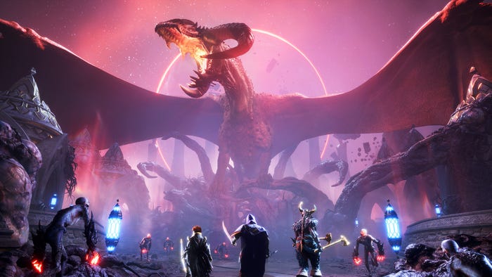 Three Dragon Age characters confront a horned dragon with a giant mouth.