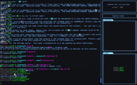A screenshot from the game hackmud, depicting an old graphical chat interface.