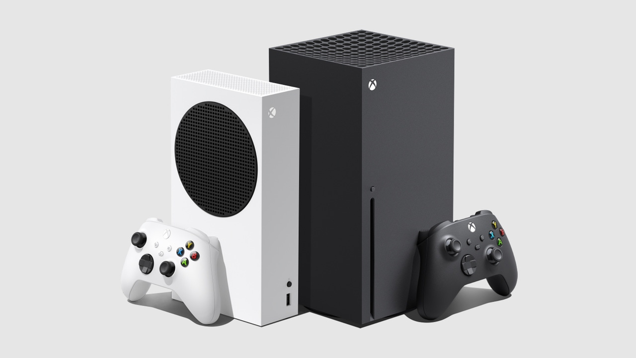 The Xbox Series S and Series X consoles stand vertically side to side on a grey background The Xbox Series S and Series X consoles stand vertically side to side on a grey background
